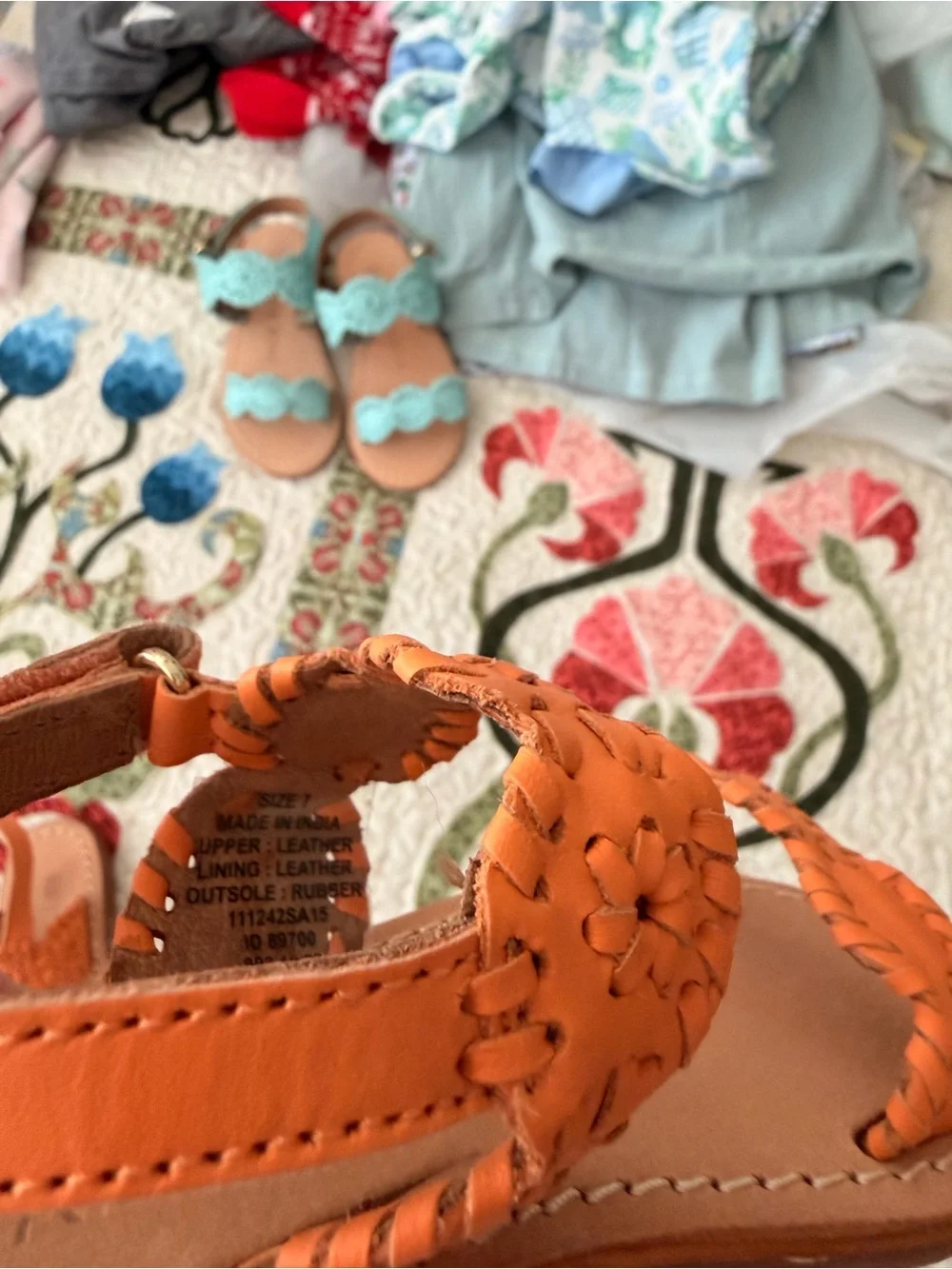 Jack Rogers Girls' Orange Woven Floral Leather Sandals